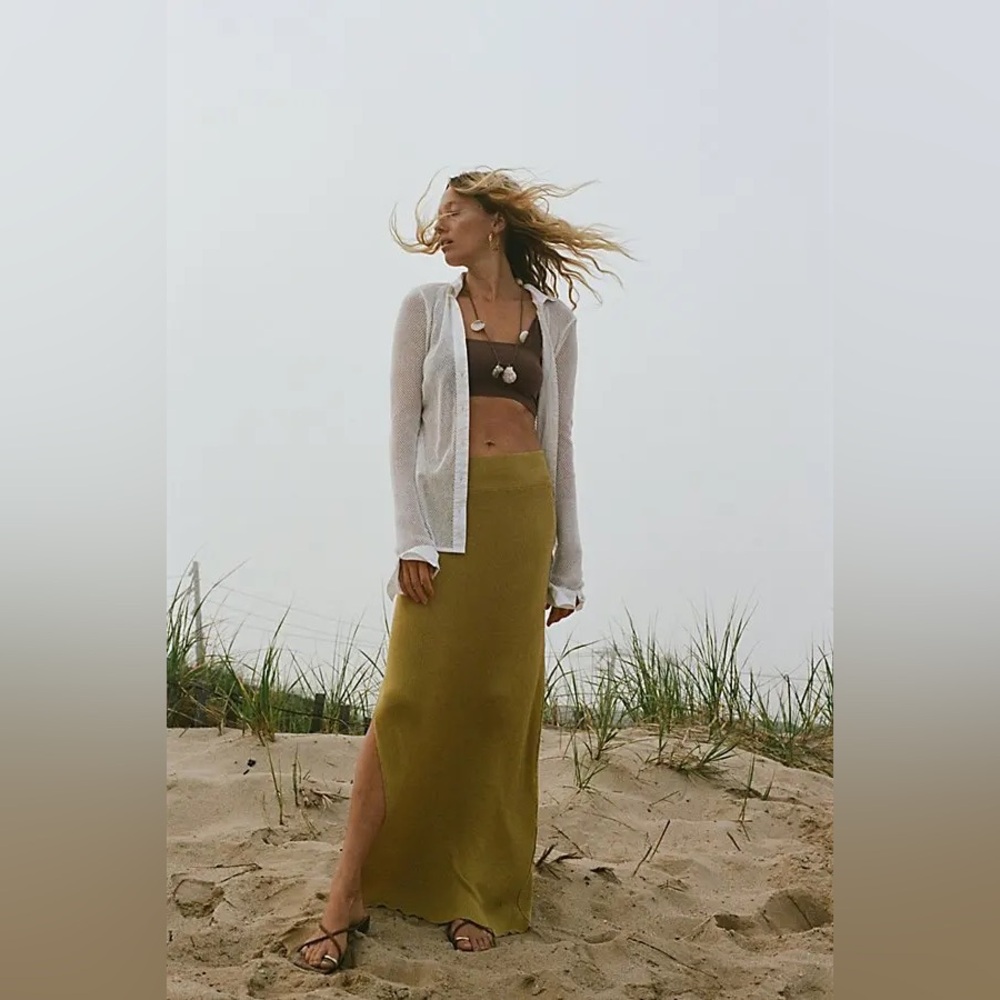 Free People Knitted Golden Hour Maxi Side Slit Skirt Olive Green Size L NEW